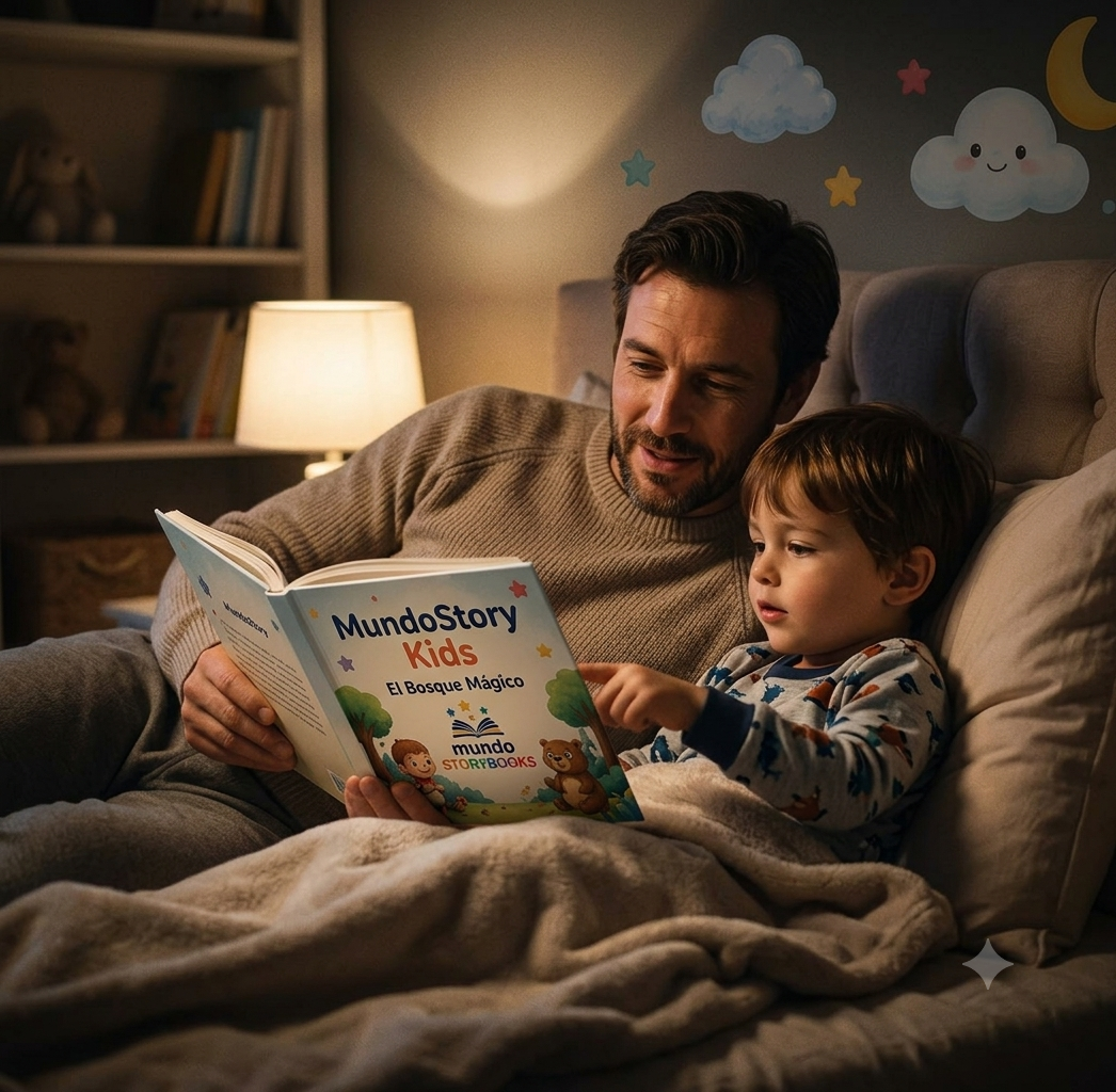 Papá leyendo con su hijo El Bosque Mágico