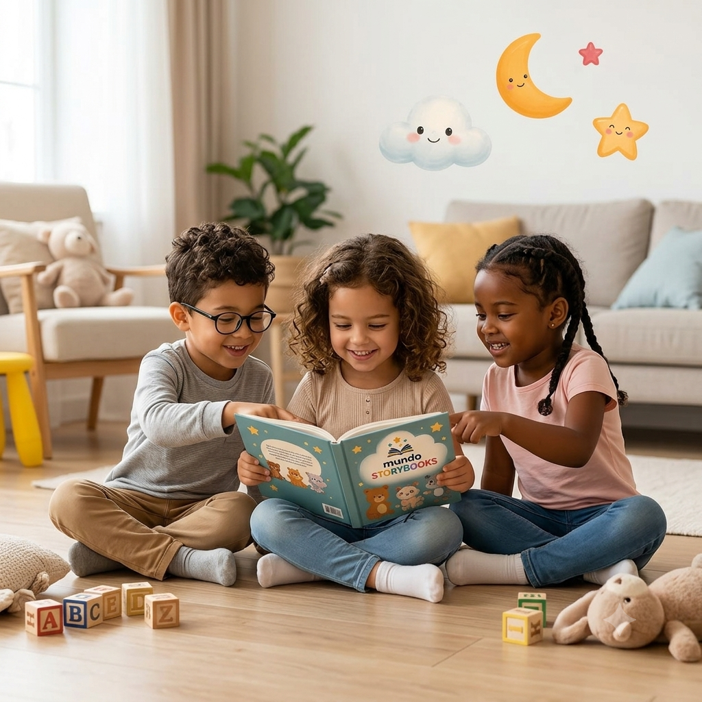 Tres niños leyendo juntos un cuento