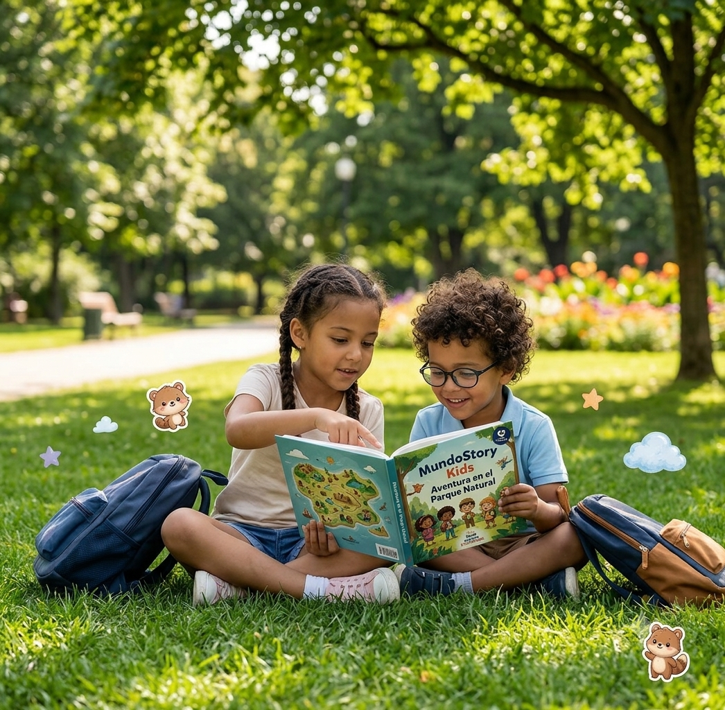 Dos niños leyendo en un parque natural